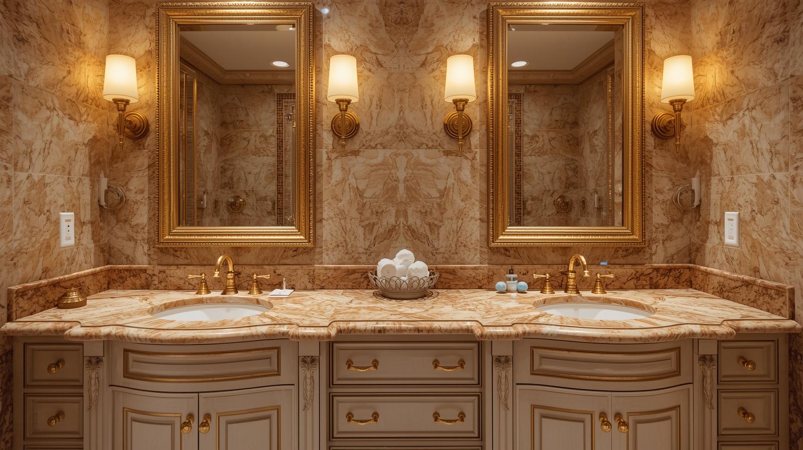 Jack and Jill bathroom showcasing a wide double vanity with marble countertops, gold fixtures, and twin framed mirrors. Warm downlighting highlights the stone’s texture..png