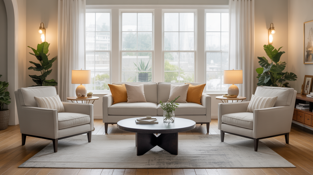 angled chairs opposite sofa for visual interest