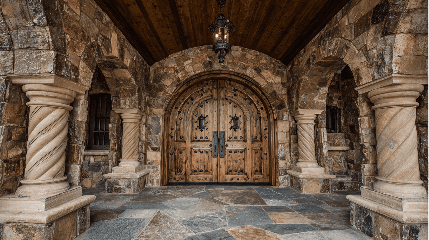 arched wooden front doors with metal hardware