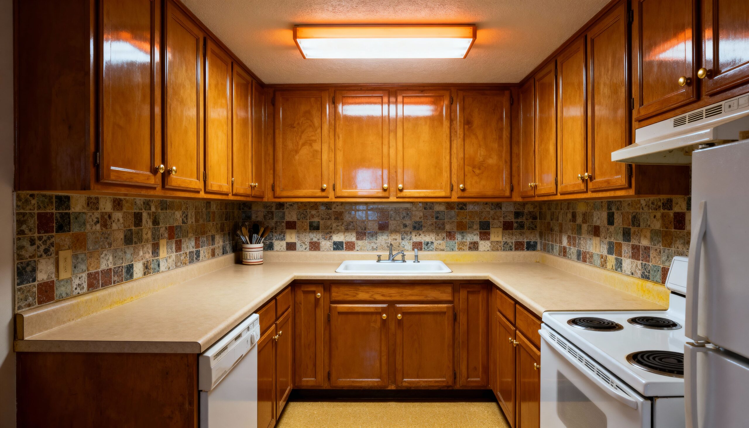 before outdated oak cabinets