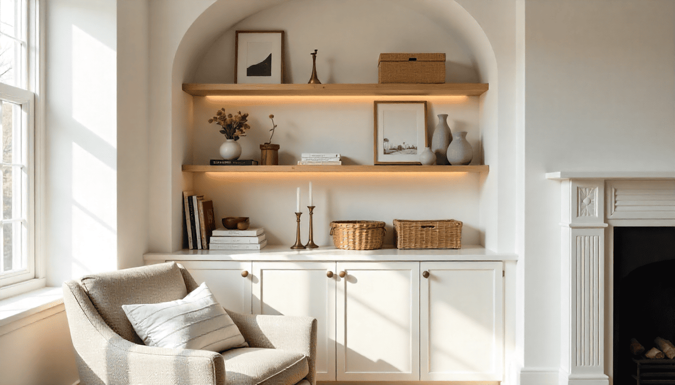 built in shelving with niches and tile accents