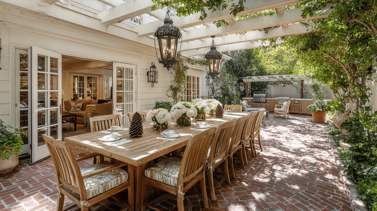 covered outdoor dining areas with wooden beams and lanterns