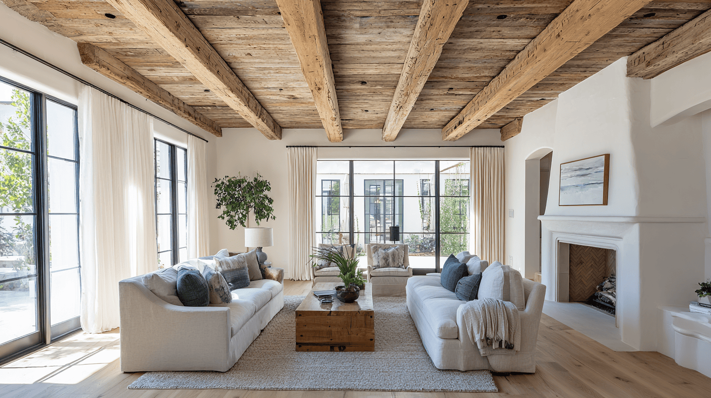 exposed wooden ceiling beams for rustic warmth