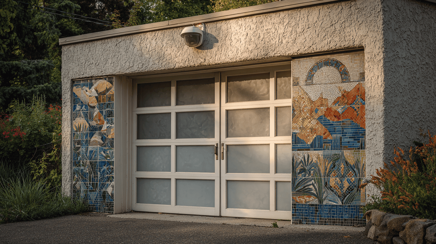 exterior walls featuring colorful ceramic tile murals