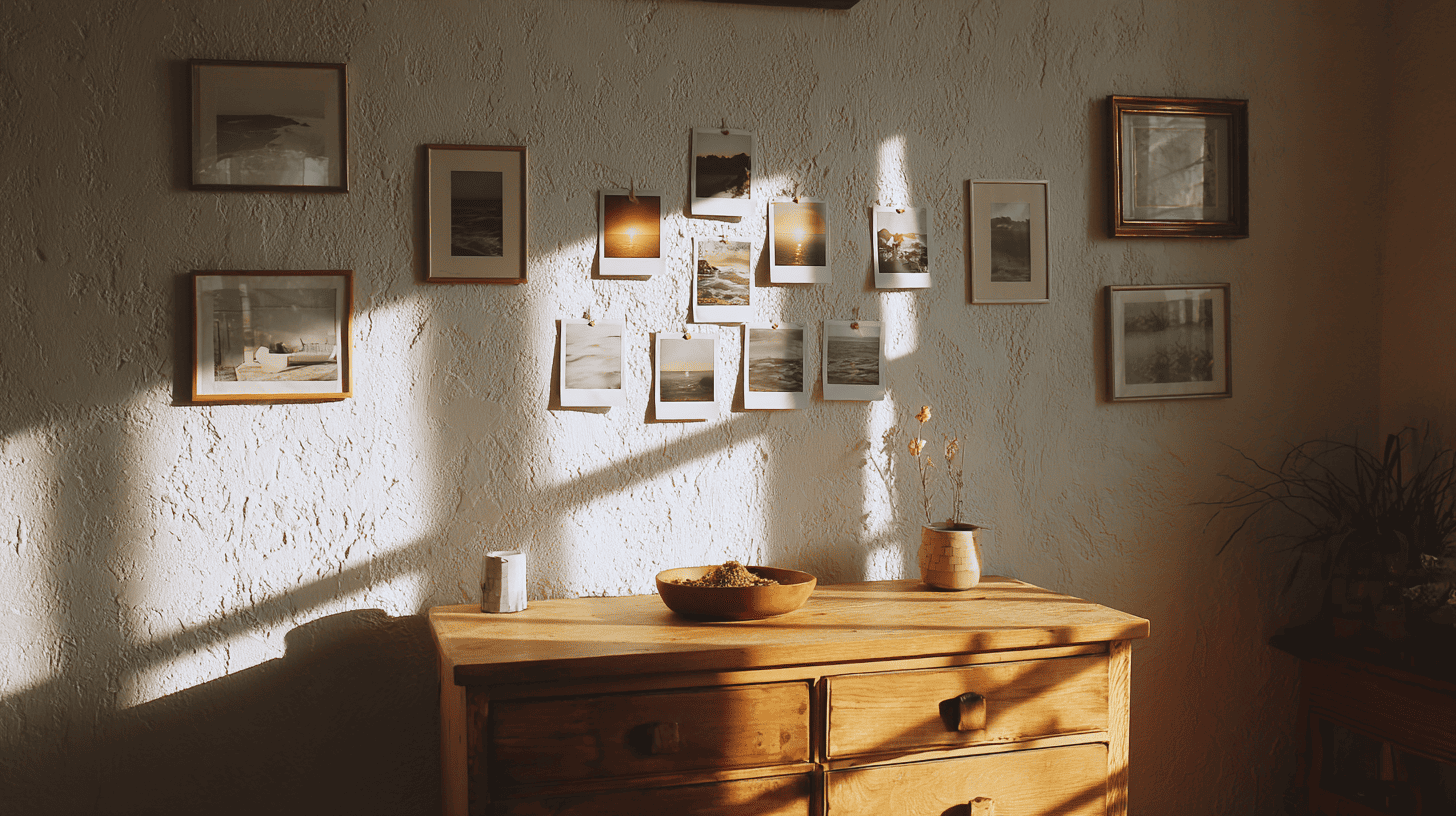 gallery wall of polaroid photos