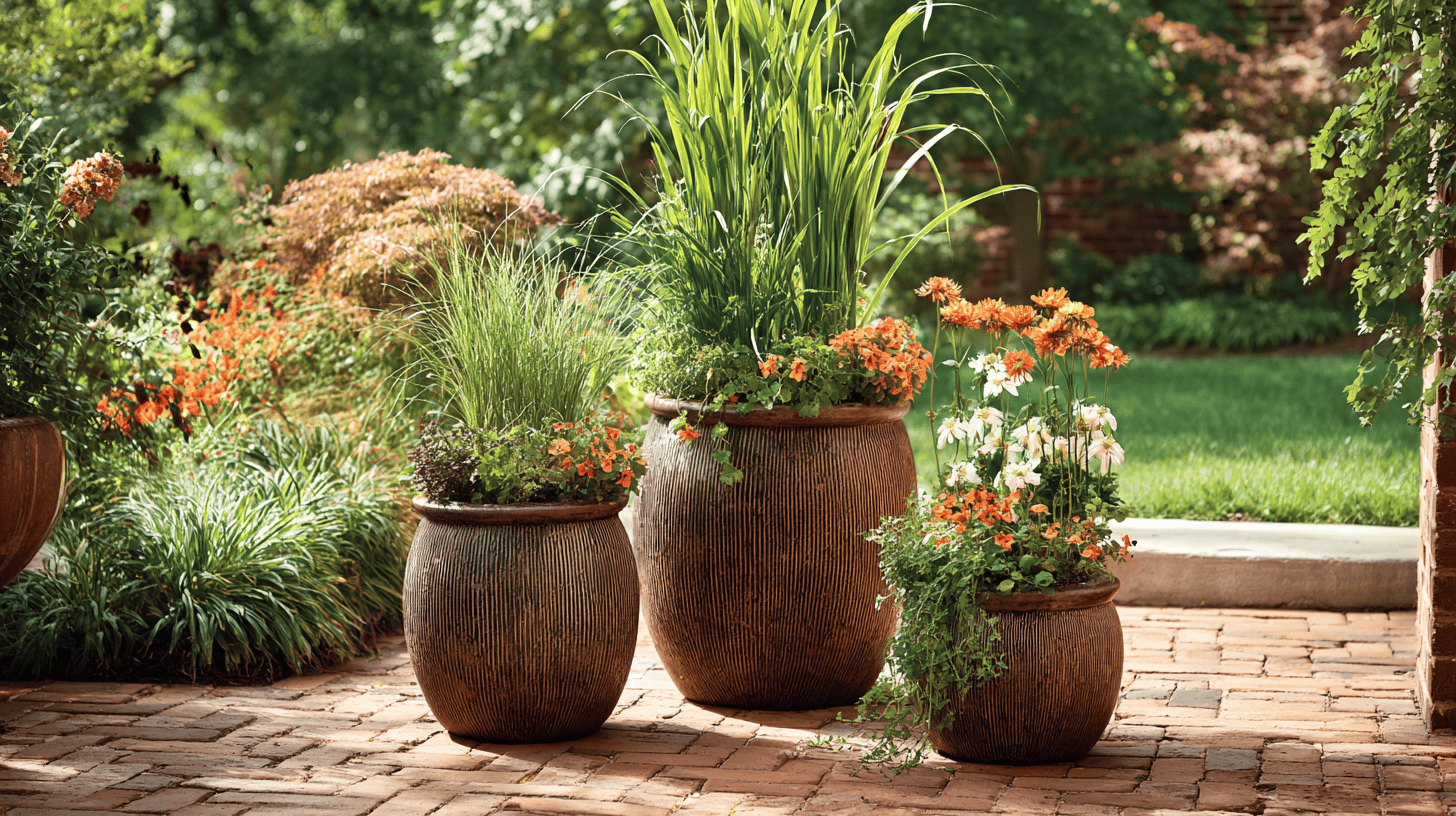 large terracotta pots filled with drought tolerant plants