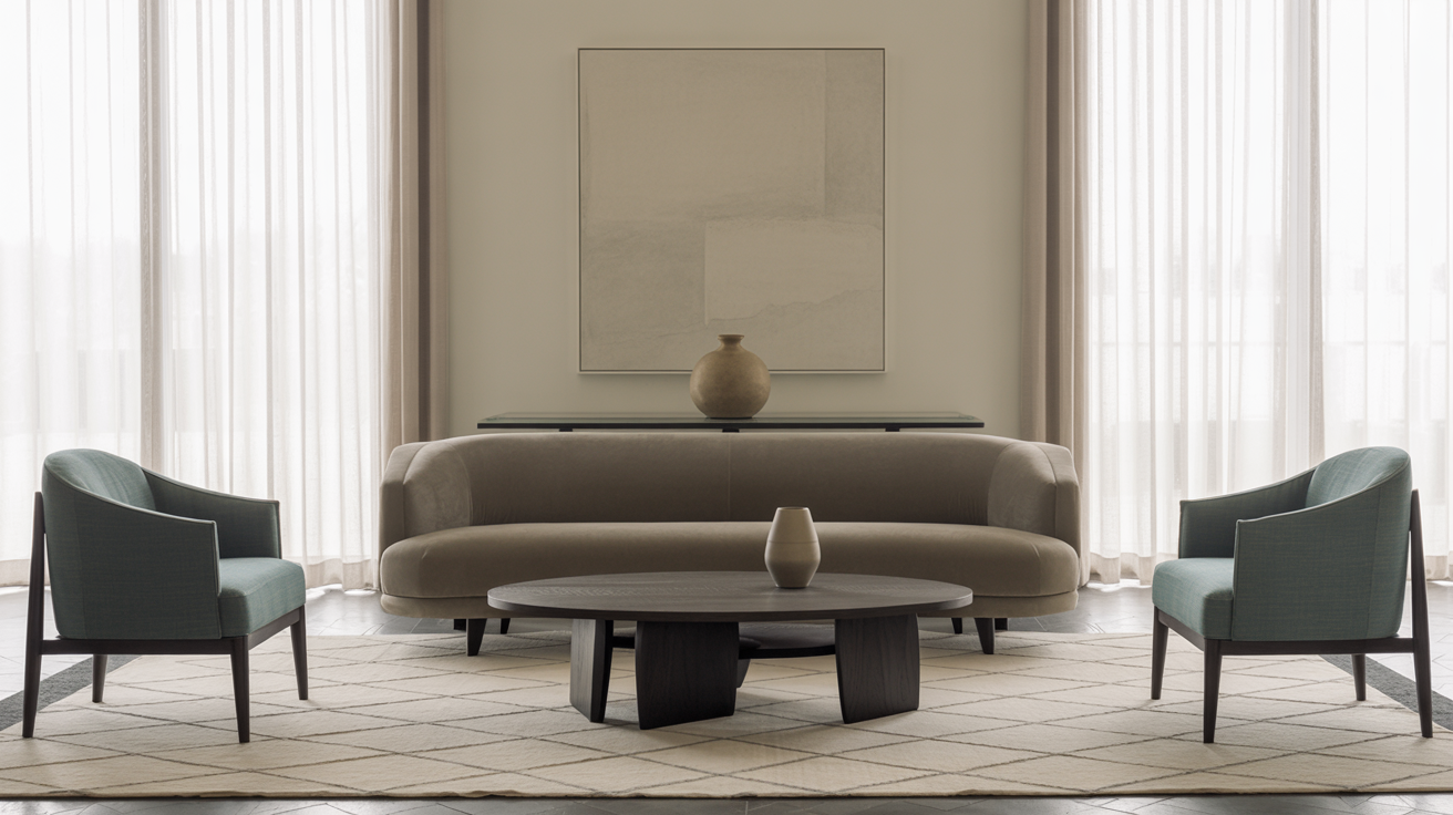 long narrow room layout with sofa and console table