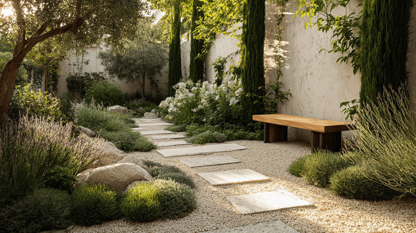 mediterranean style landscaping with olive trees and succulents