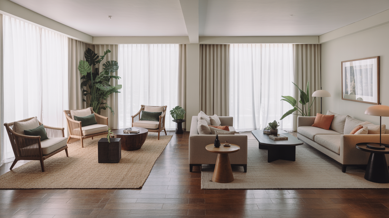 multiple seating clusters anchored by rugs