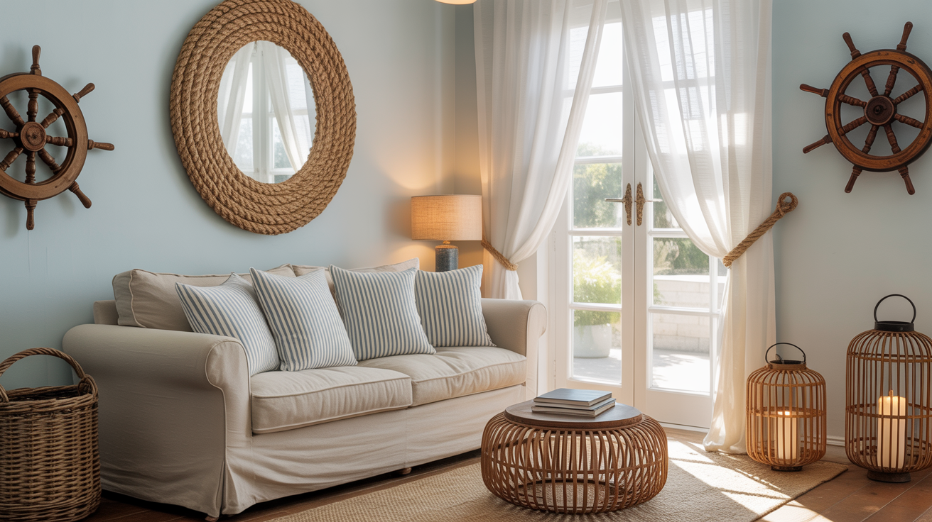 nautical accents like stripes and rope decor
