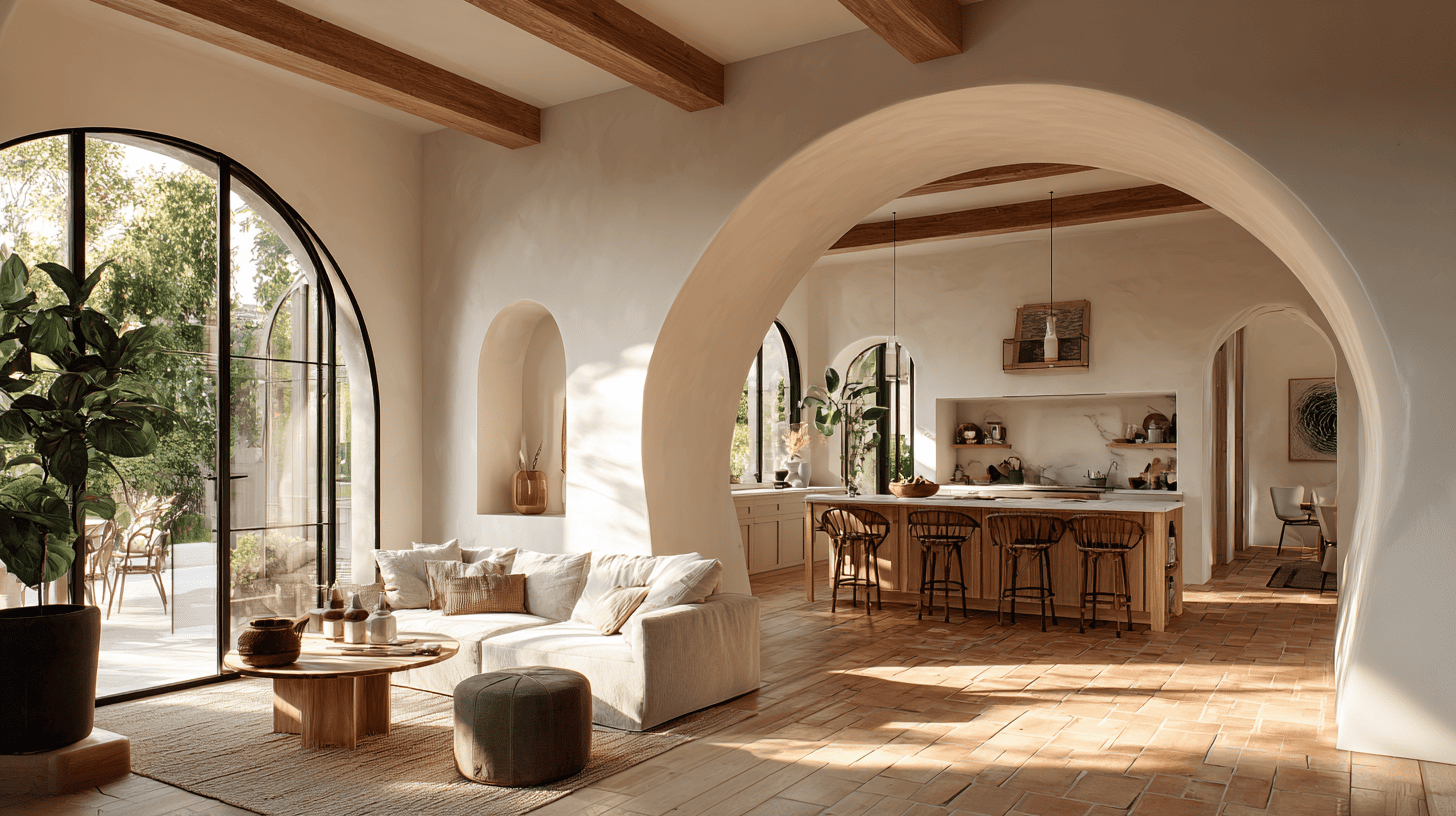 open concept living spaces with large archways