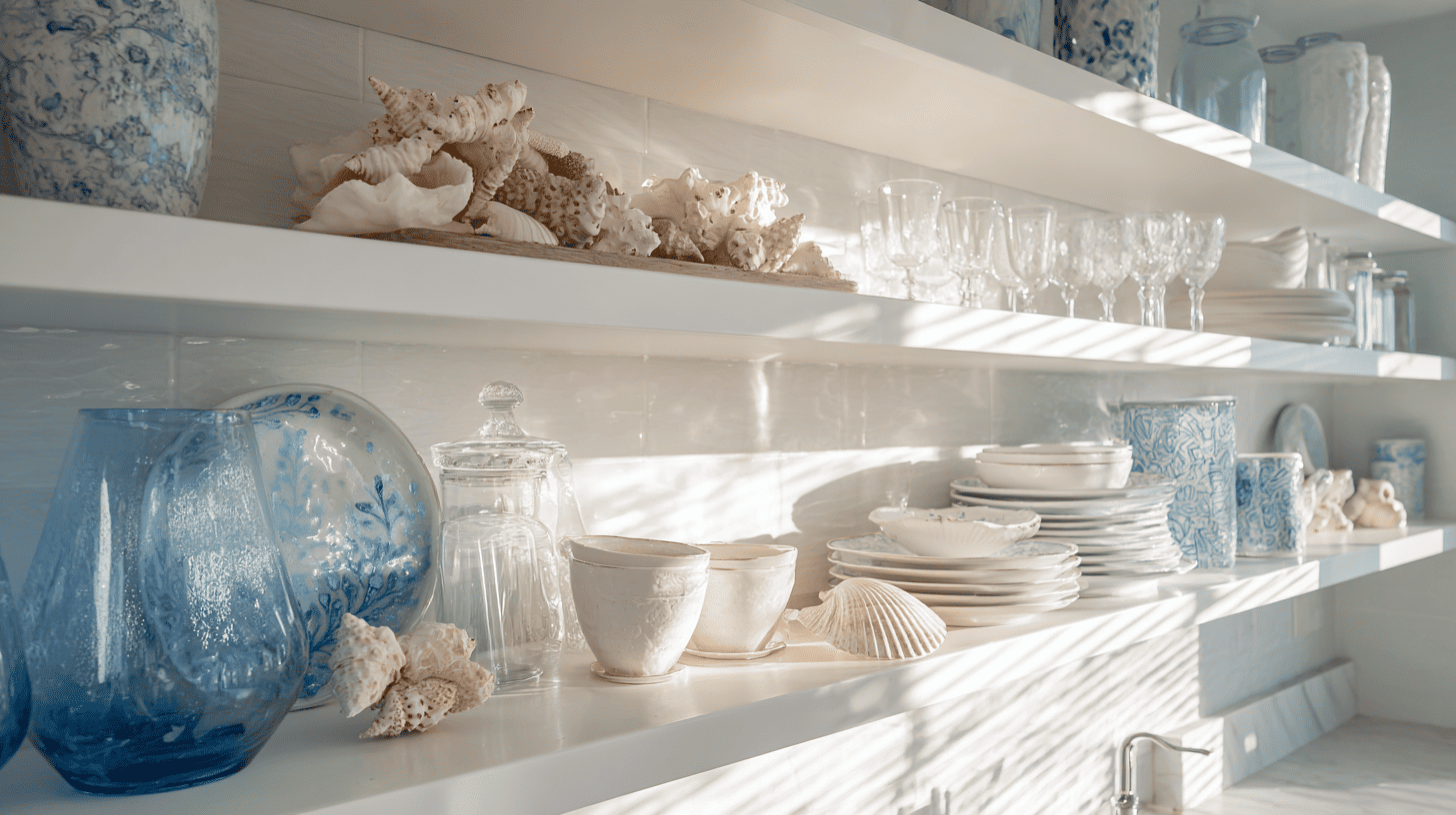 open shelving with beach finds