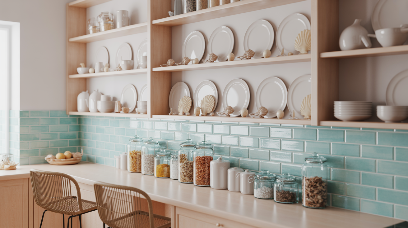 open shelving with beach inspired displays