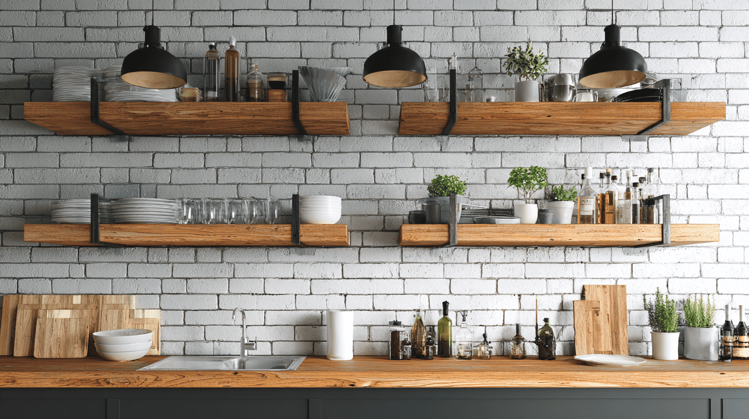 open wood and metal shelving