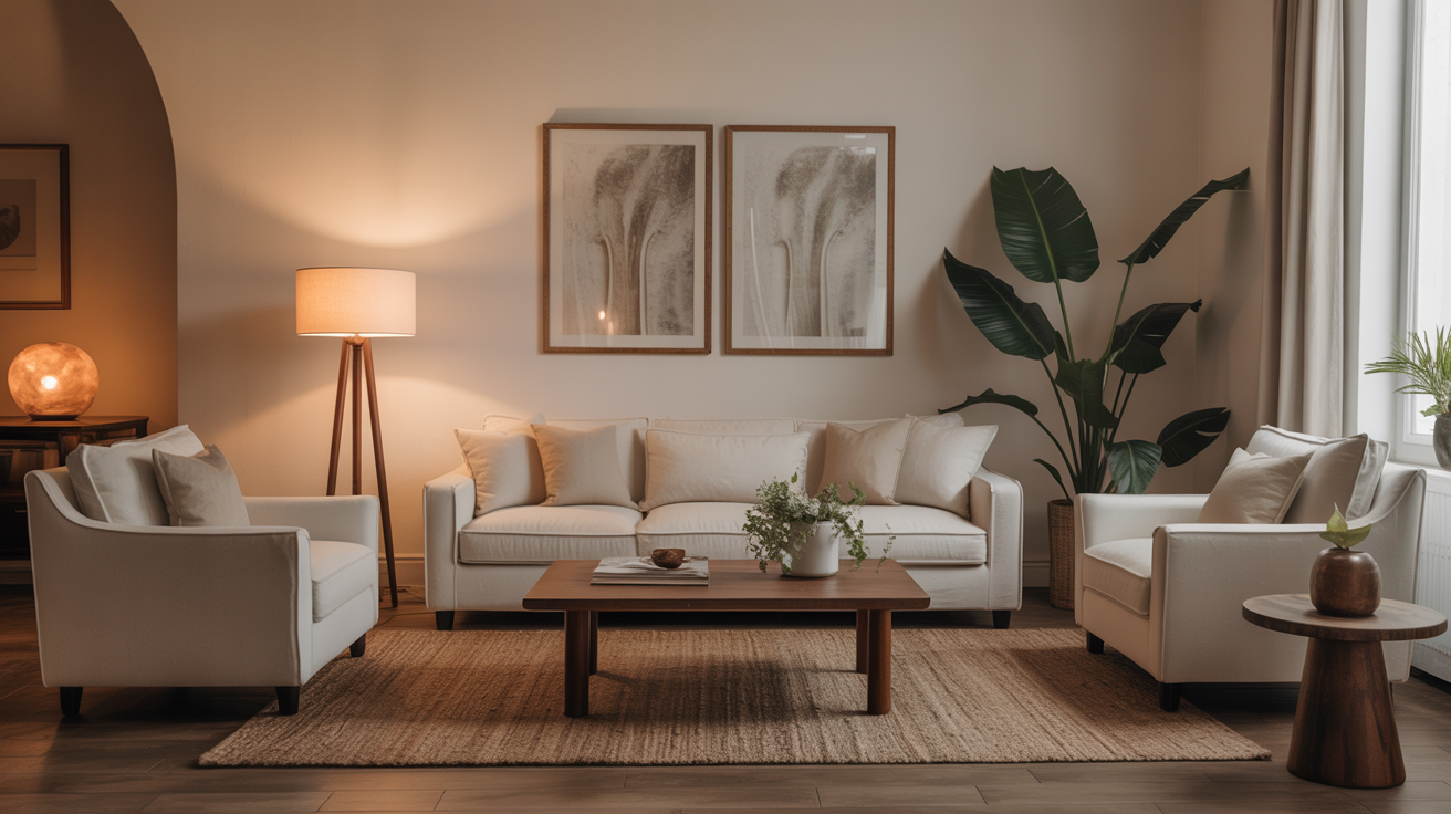 sofa with two chairs across