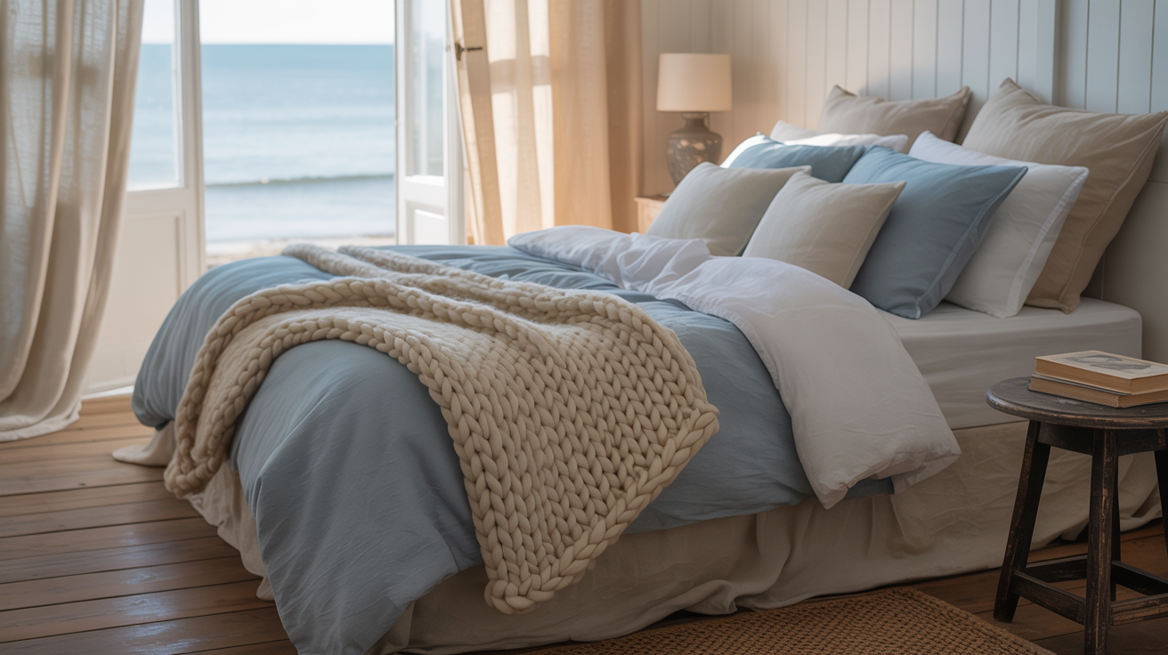 soft layered linens in ocean hues