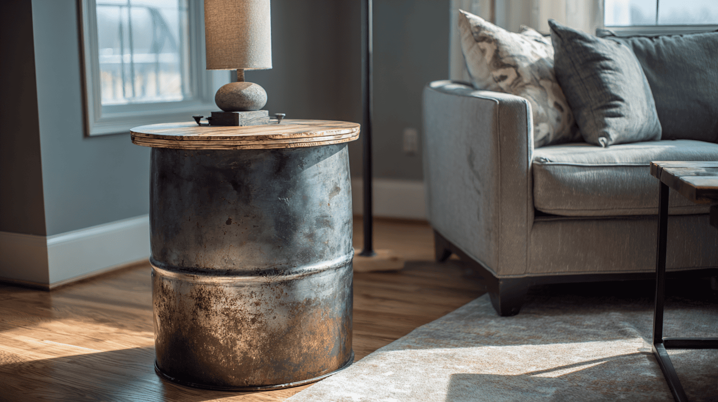 upcycled metal barrel tables