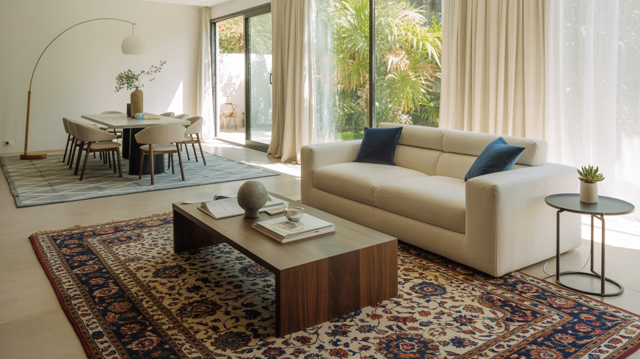 using rugs and tables to define zones in multi use spaces